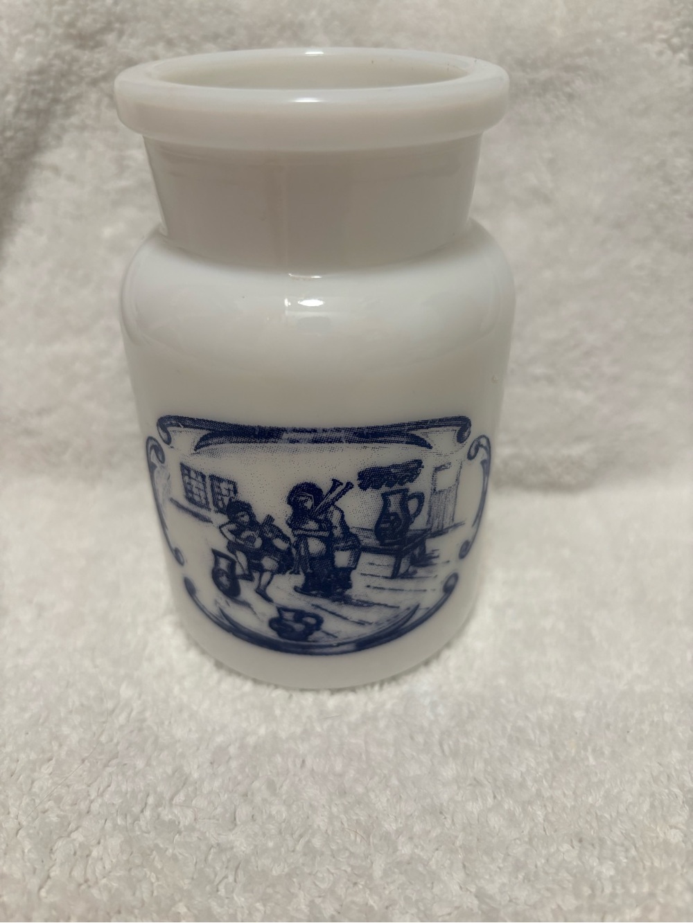 White Ceramic Apothecary Jar with Blue Delft Scene cottage core vintage